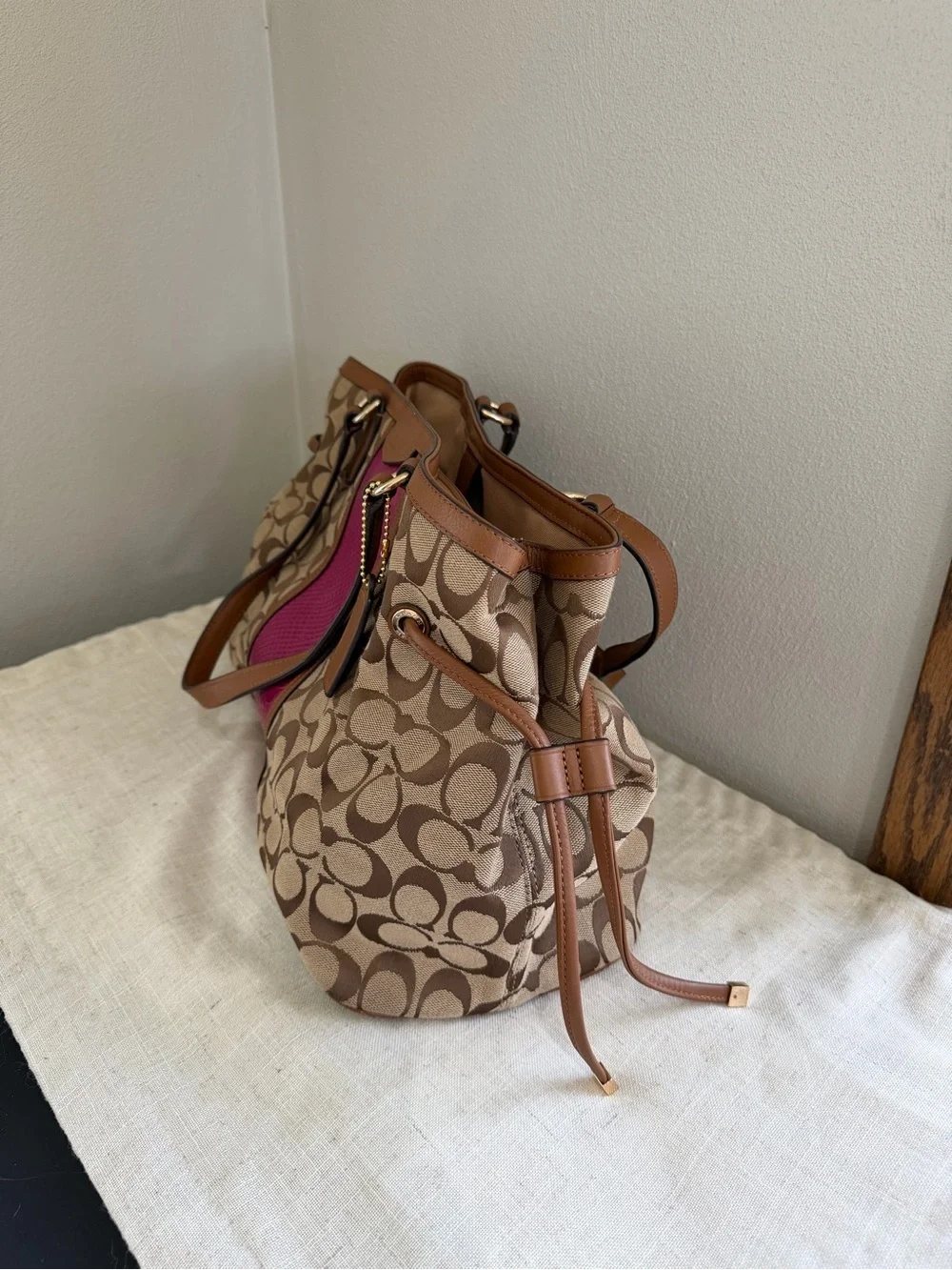 Coach Brown Signature Carryall Drawstring Pink Snakeskin Stripe Bag